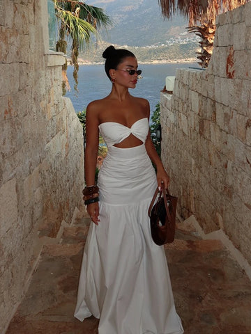 MQTIME  -  Summer European Style Tube Top High Waist A-Line Dress New Sexy Beach Vacation Solid Sleeveless Dresses Hollow Out Maxi Dress